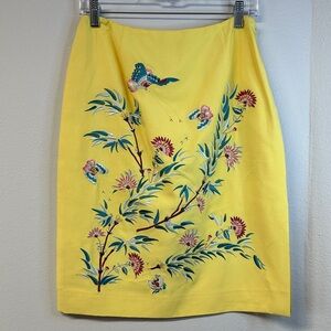 Carlisle Silk Yellow Floral Bird Embroidered Pencil Skirt Size 6